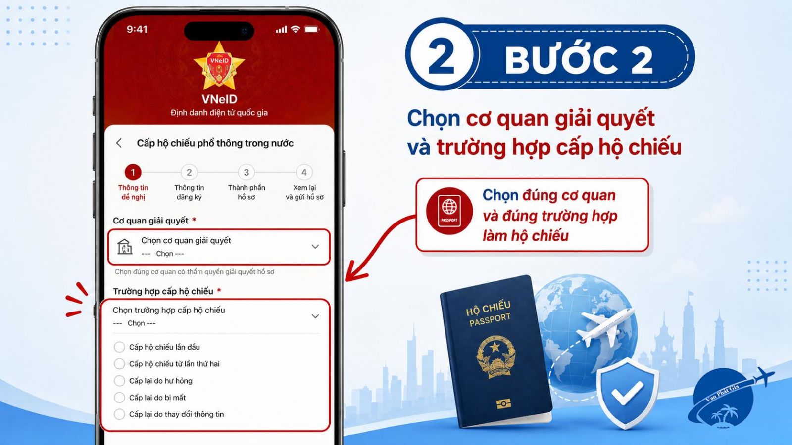 chọn cơ quan và trường hợp cấp hộ chiếu trên VNeID