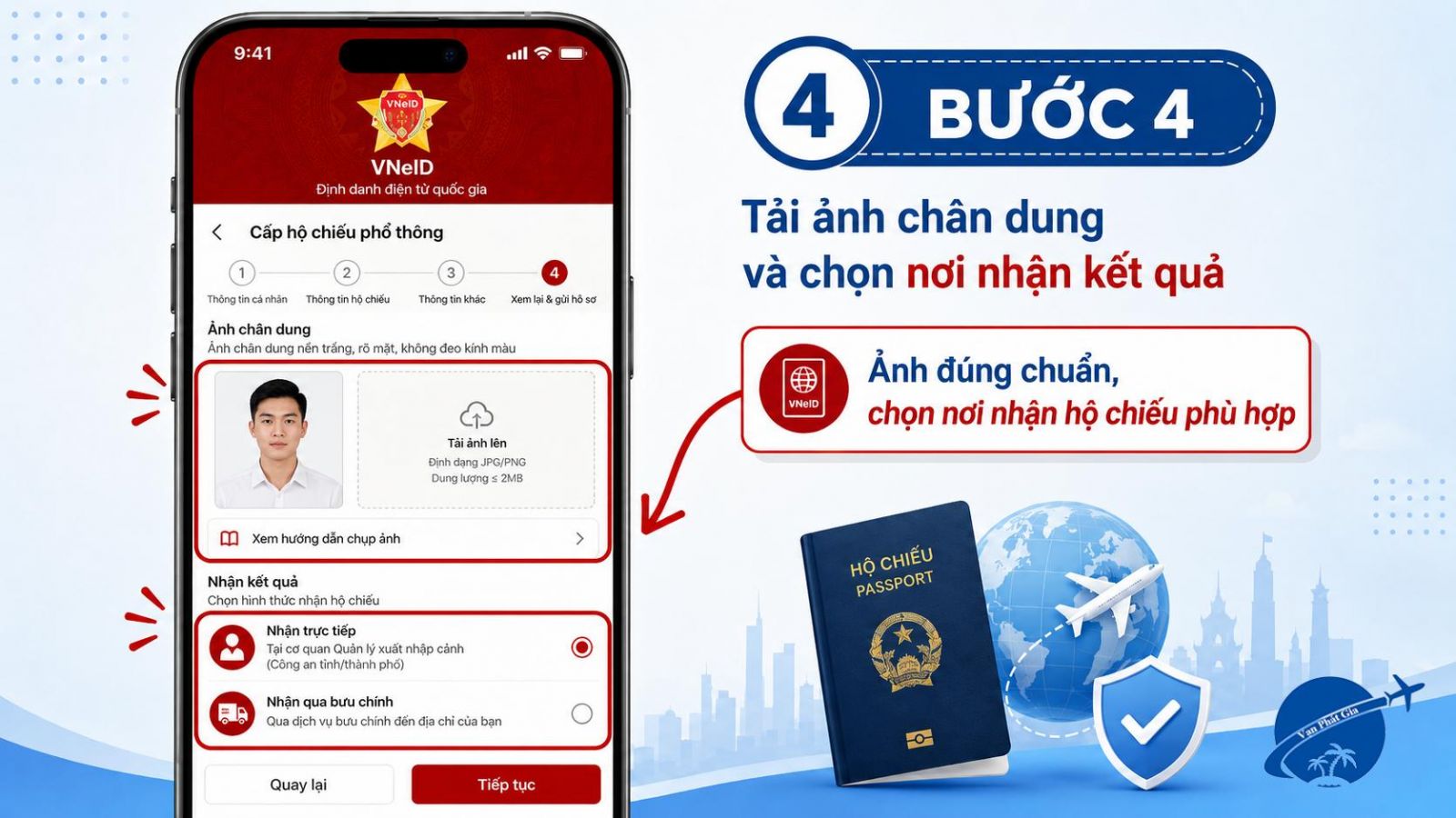 tải ảnh chân dung và chọn nơi nhận hộ chiếu trên VNeID